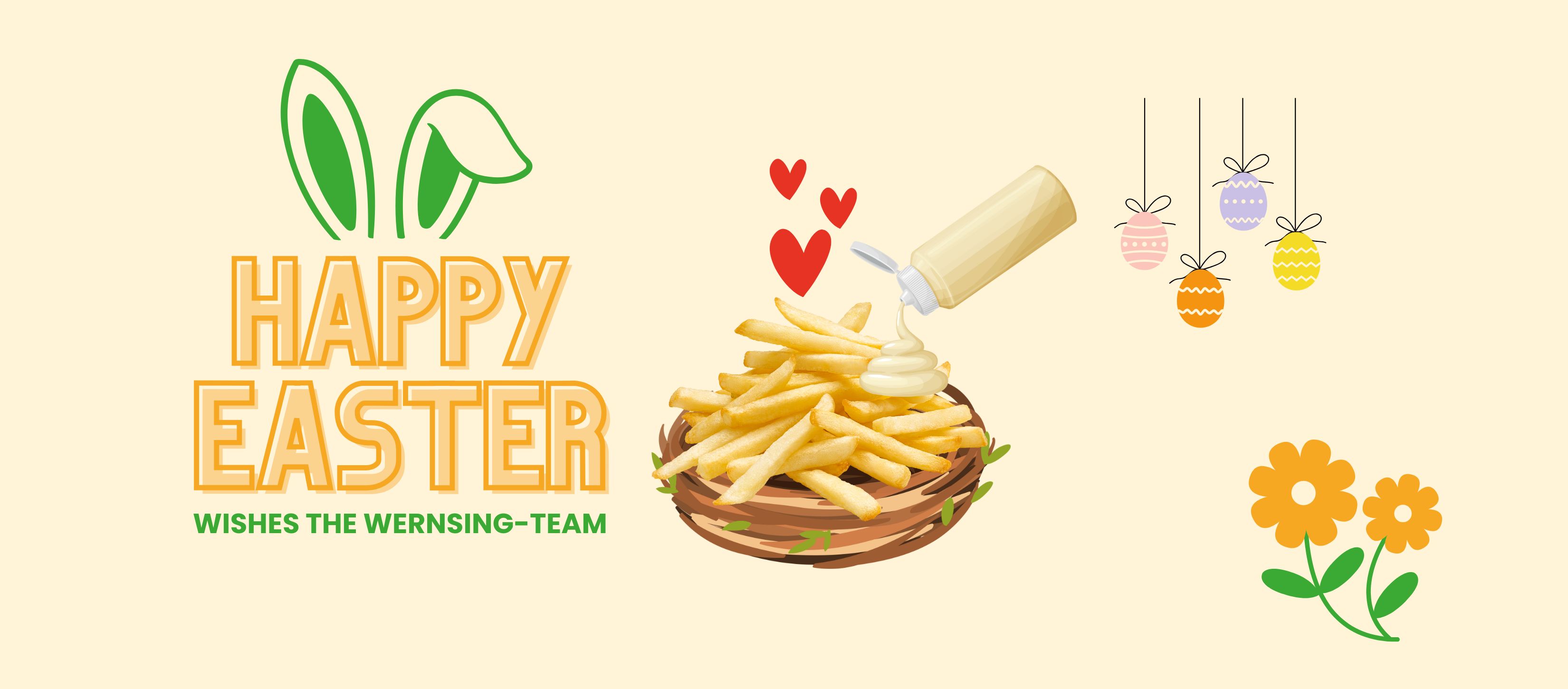 eastergreetings-eastereggs, fries, mayonnaise, flowers