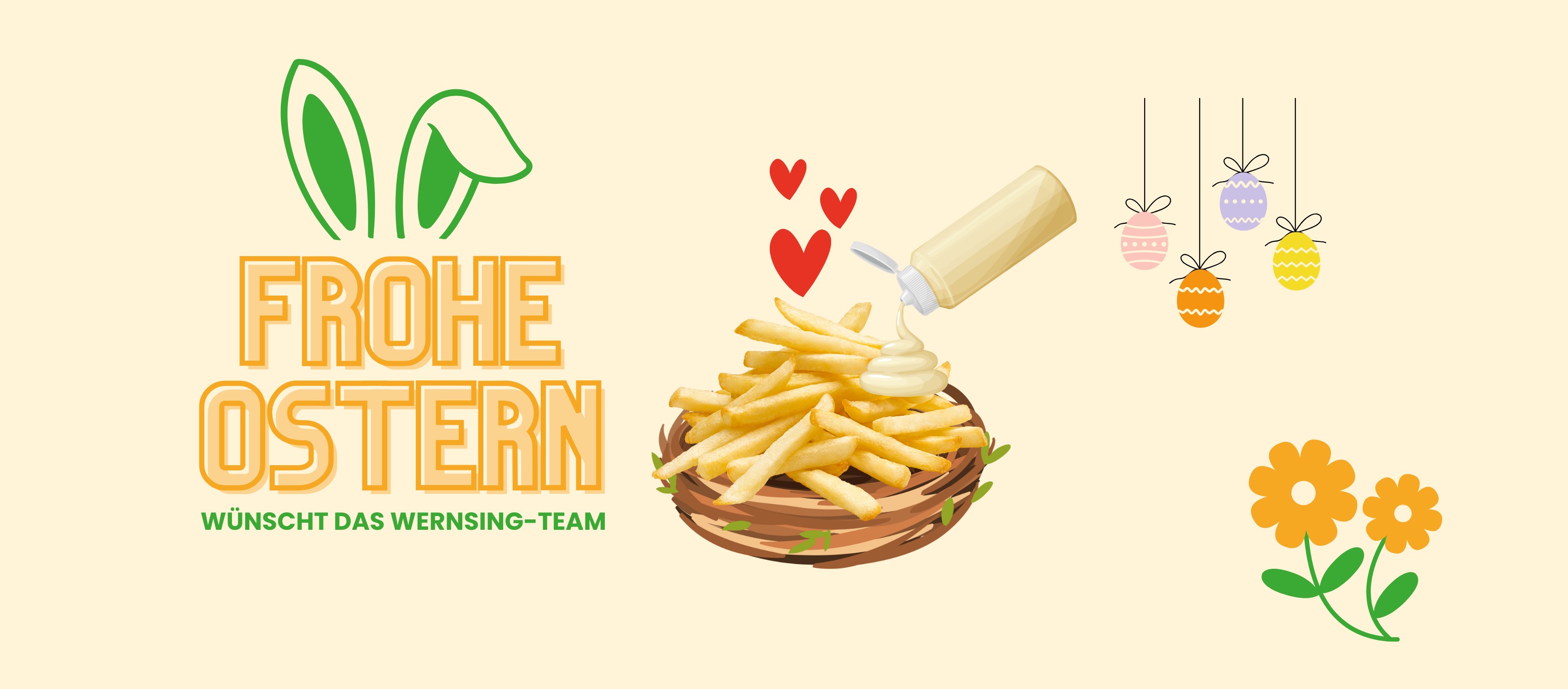 ostergruss, fritten im osternest, mayotube, blumen, ostergirlande