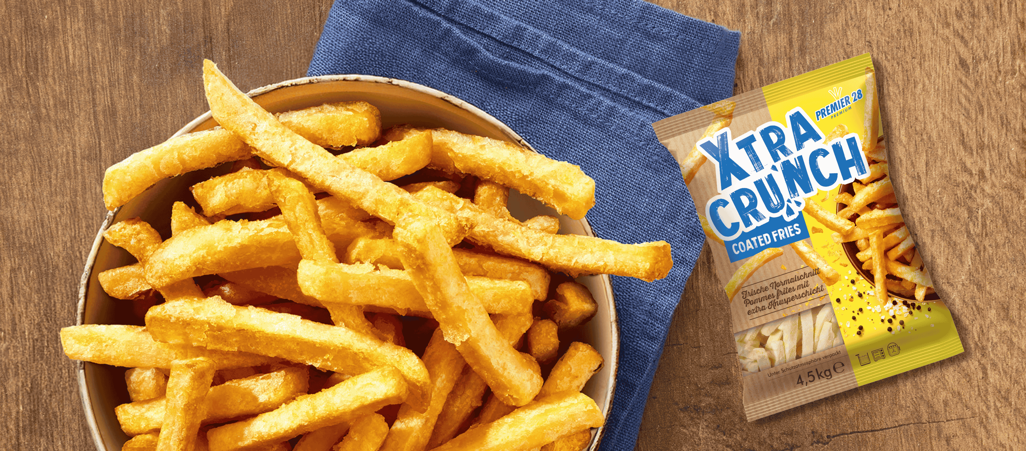 pommes, verpackung, crunch, tisch